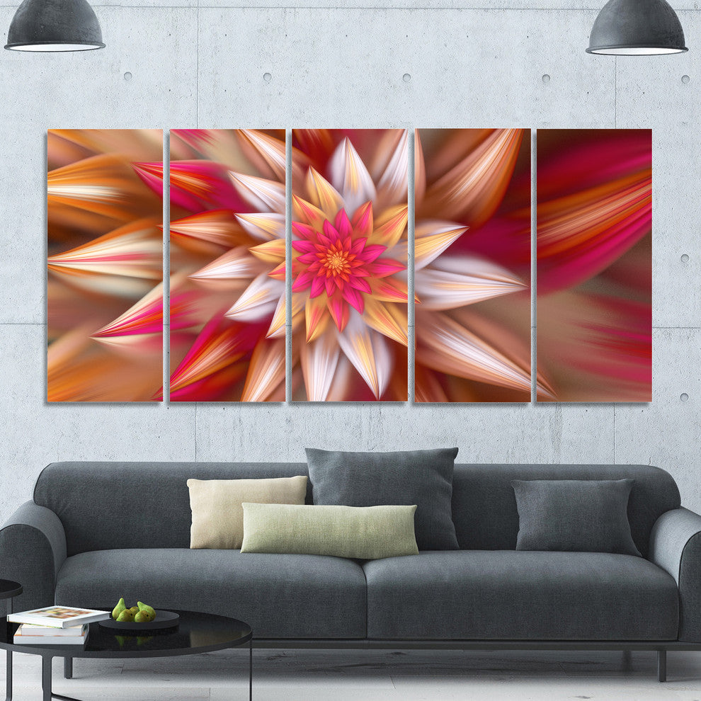 Huge Red Fractal Flower, Floral Canvas Art Print, 60"x28", 5 Panels