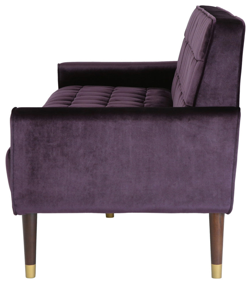 Adan Tufted Velvet Sofa With Gold Tipped Tapered Legs, Blackberry, Gold Finish