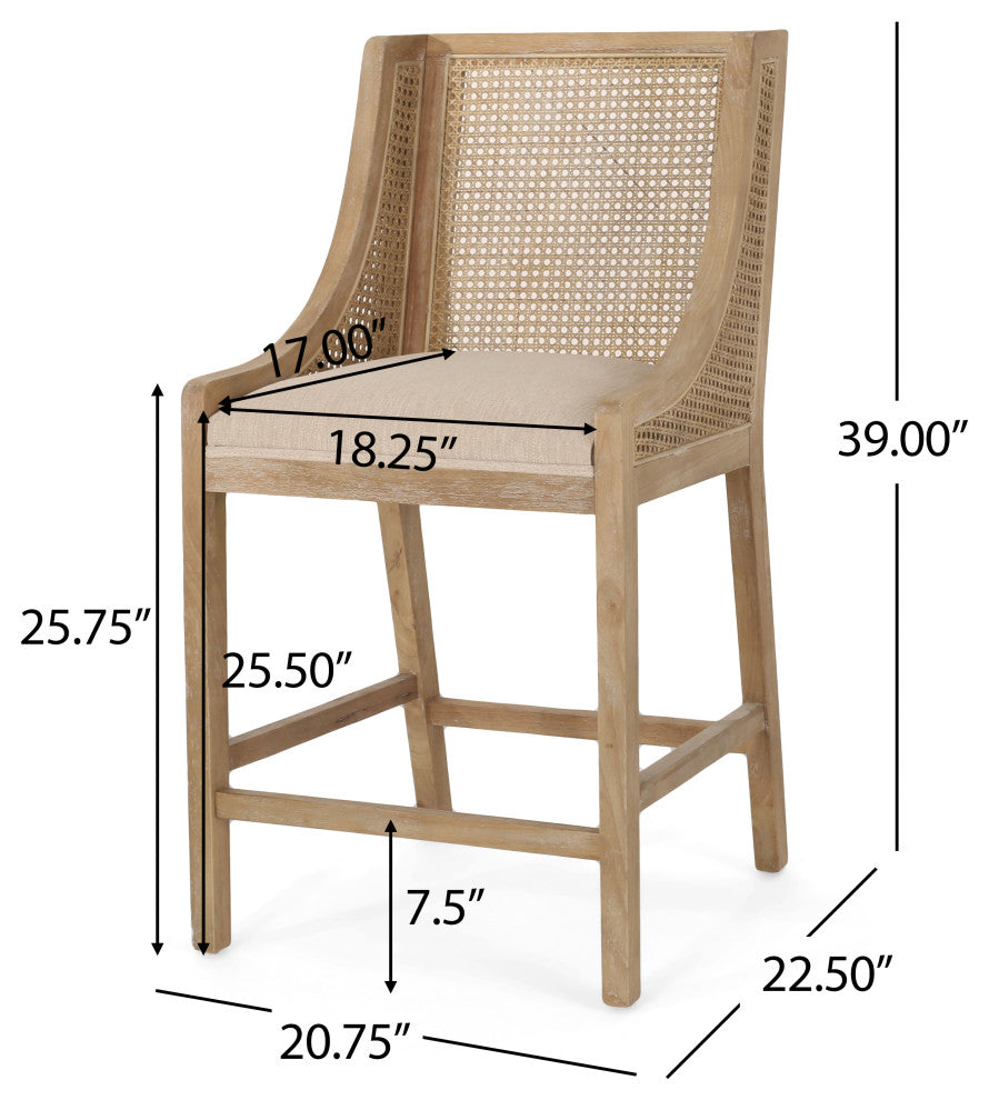 Deville Fabric Upholstered Wood and Cane 25.5 inch Counter Stools, Set of 2, Beige