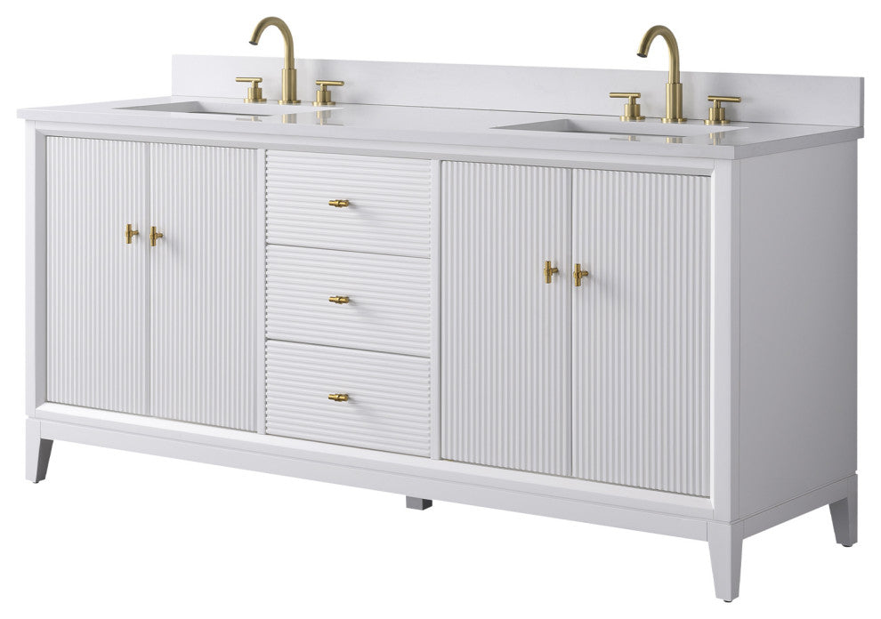 Vanity Art Bathroom Vanity with Engineered Marble Top and Sink, White, 72" (Double Sink), Golden Brushed