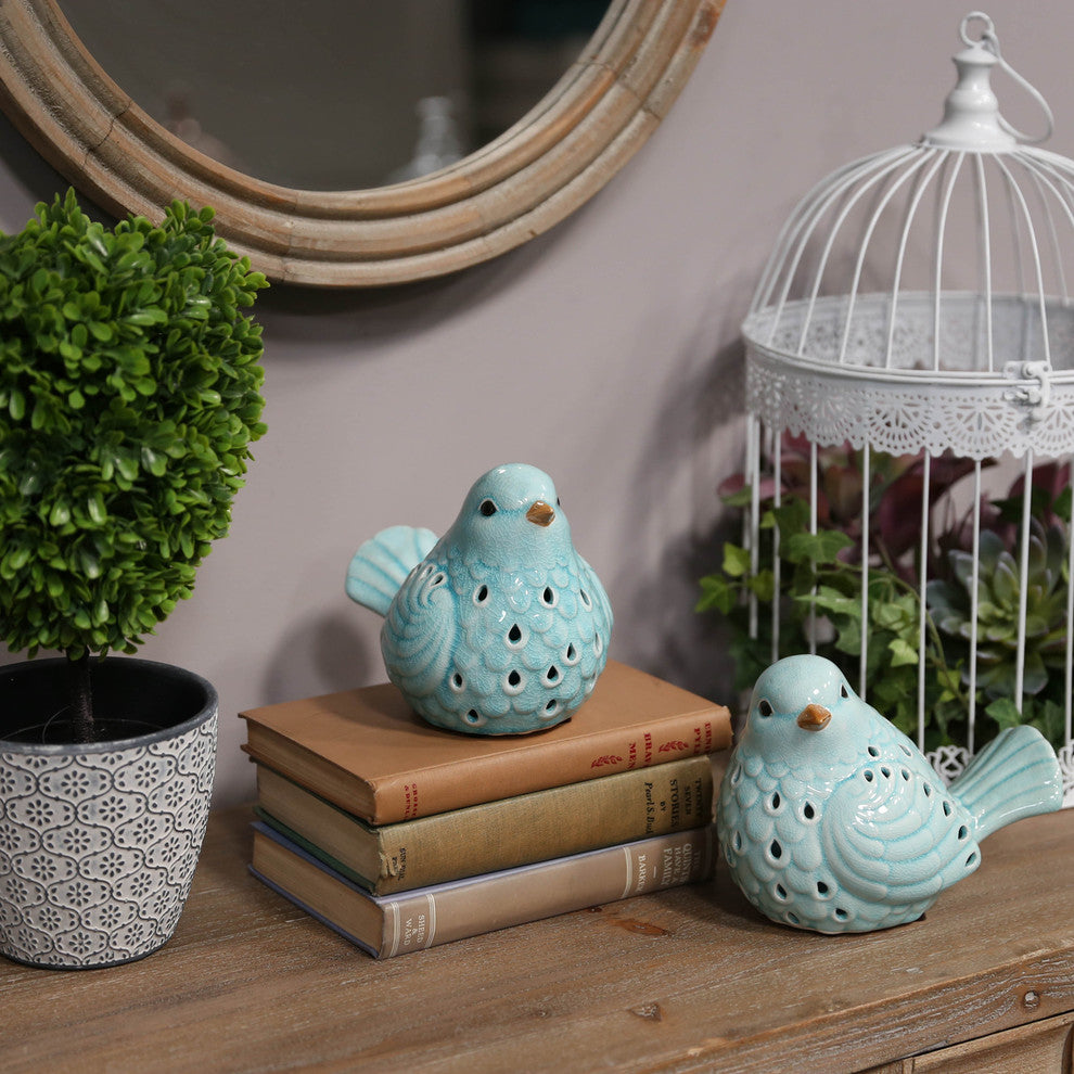 Ceramic Bird Figurines, 2-Piece Set, Sky Blue
