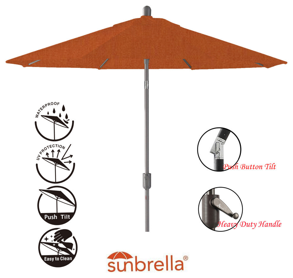 9' Round Push Tilt Market Umbrella, Grey Frame, Sunbrella, Rust