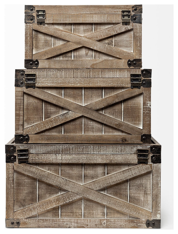 Set of Three Brown Wooden Storage Boxes
