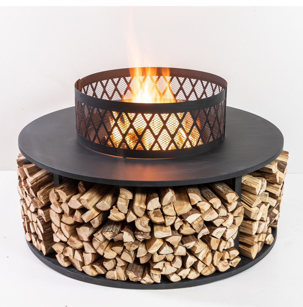 38" Diameter Outdoor Steel Woodburning Fire Pit, Log Storage