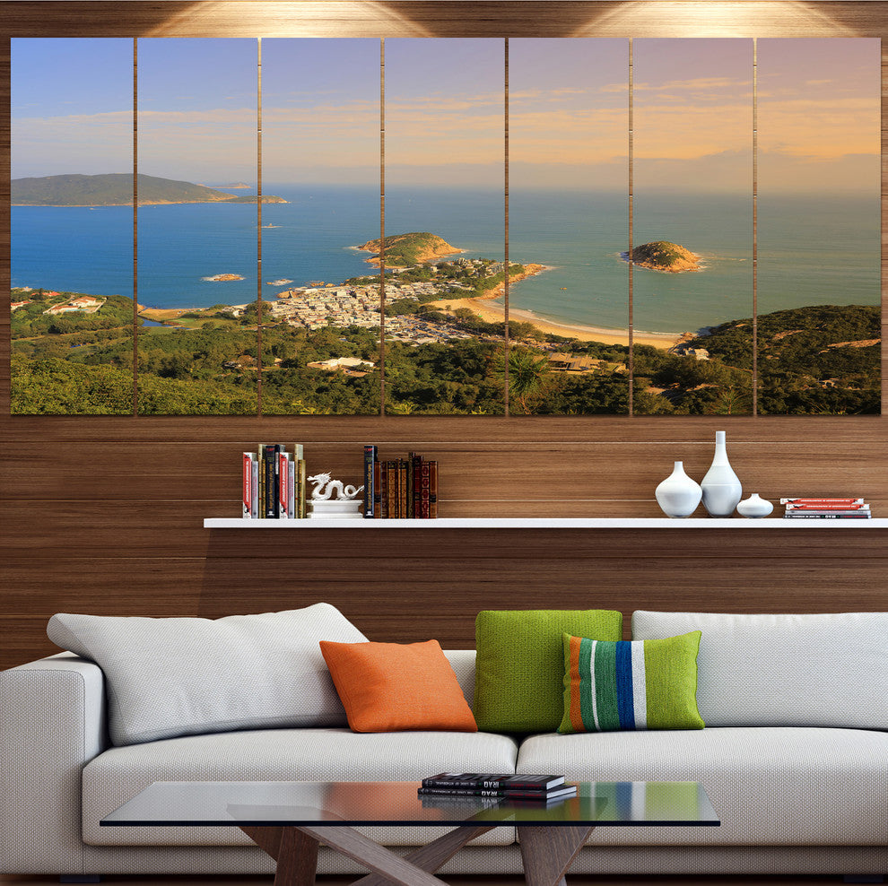 Green Tropical Hiking Route, Seashore Wall Art on Canvas, 83"x32", 7 Panels