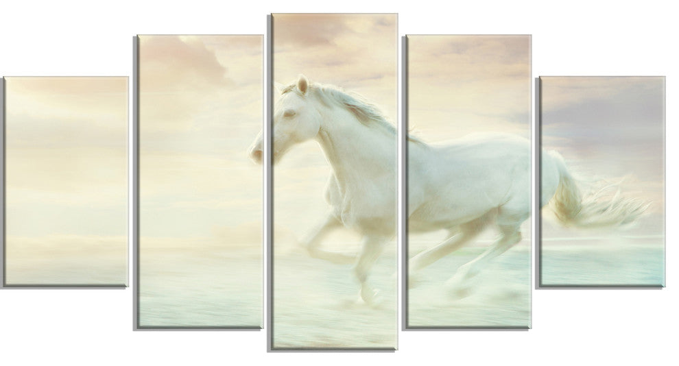 Fantasy White Horse, Animal Canvas Art Print, 60"x32", 5 Panels