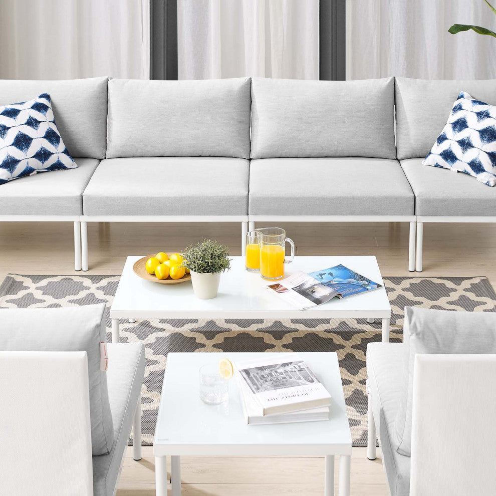 Sectional Sofa Chair Table Set, Sunbrella, Aluminum, White Gray, Outdoor