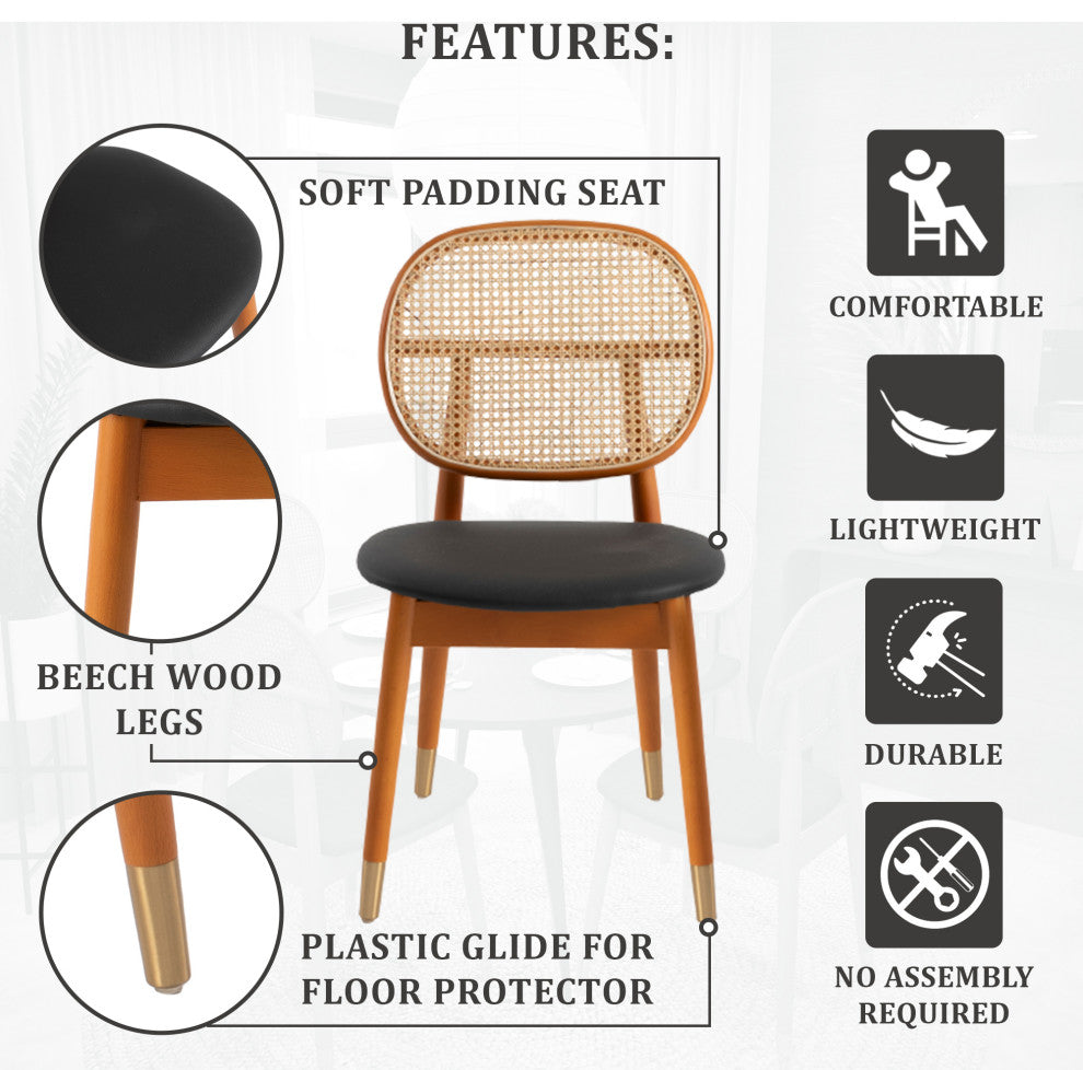 LeisureMod Holbeck Modern Dining Chair with Wood Legs and Wicker Back, Black
