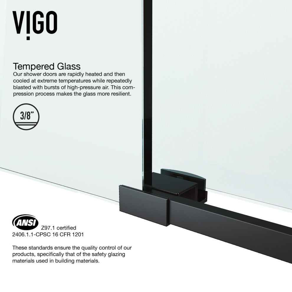 VIGO Elan 52" to 56" W x 74" H Frameless Sliding Shower Door, Matte Black, Clear Glass