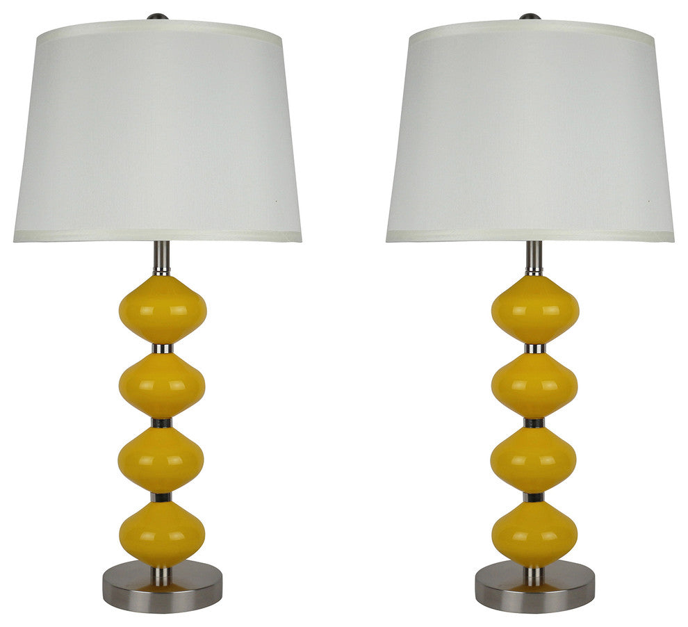 Set of 2 Beautor Lamps, Brushed Steel & Yellow Glass with Cream Shades