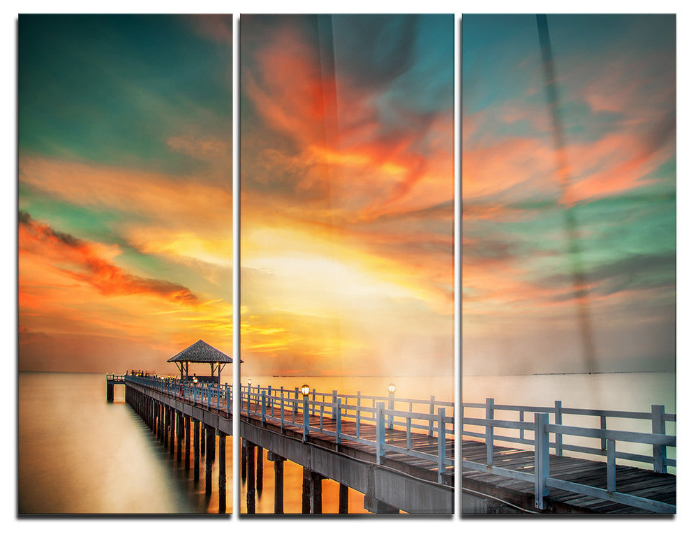 "Wooden Pier" Photo Glossy Metal Wall Art, 3 Panels, 36"x28"
