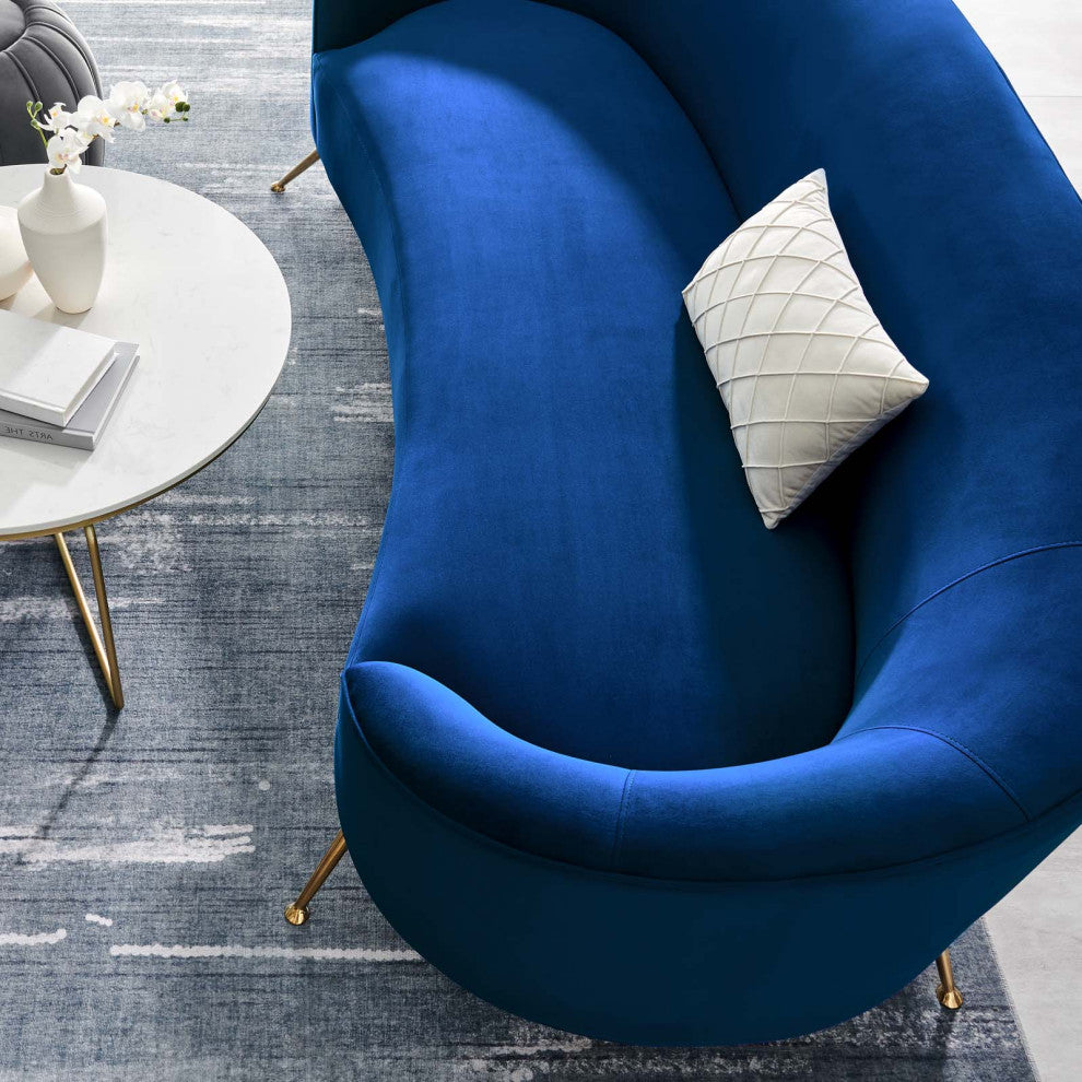 Sofa, Blue Navy, Velvet, Modern, Mid Century Living Hotel Lounge Cafe Lobby