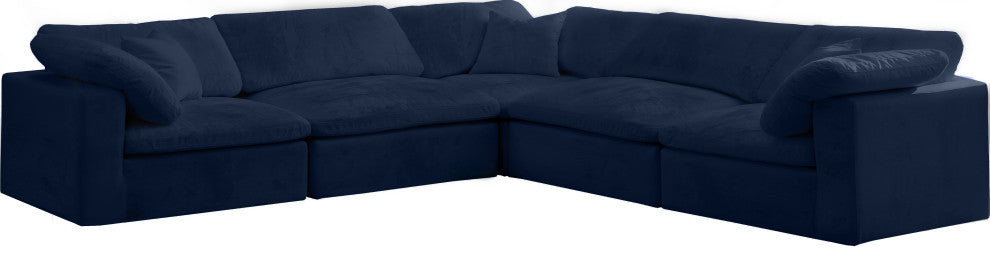 Cozy Velvet Upholstered Comfort L-Shaped Modular Sectional, Navy, 5-Piece: 2 Armless Chair, 3 Corner Chair