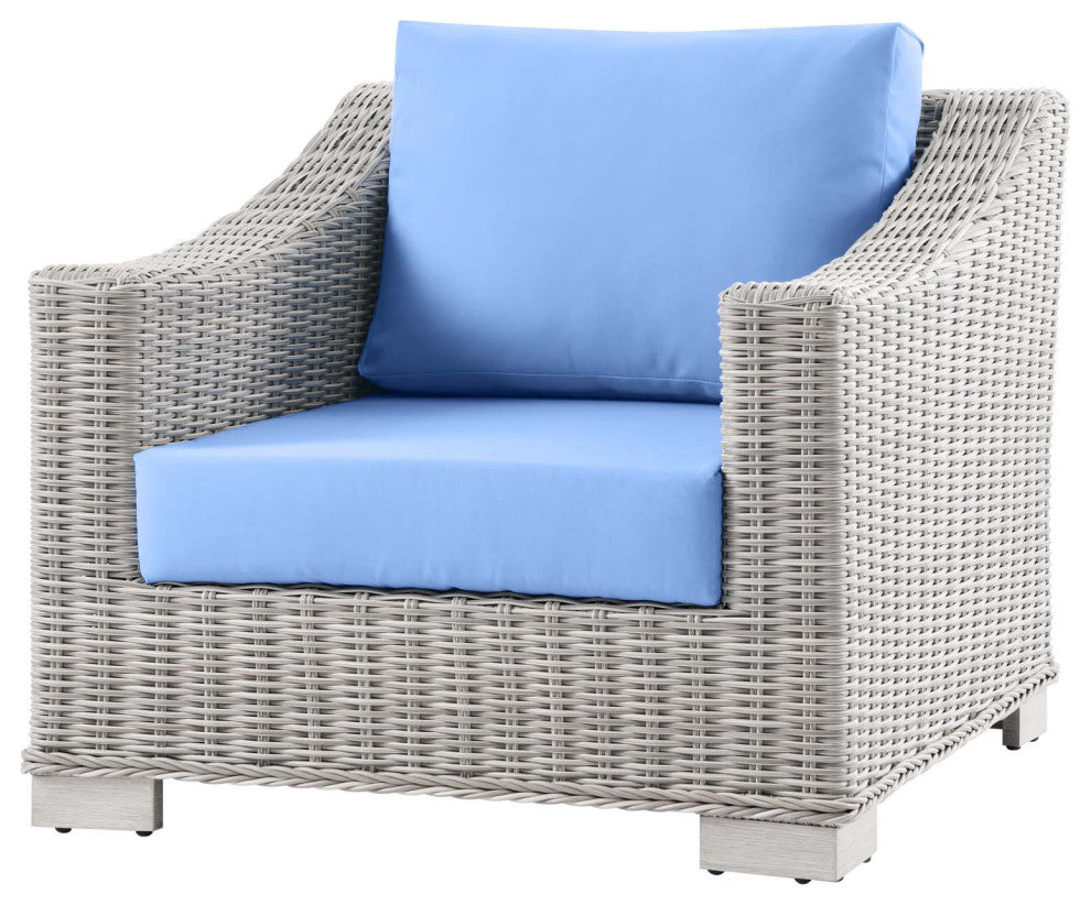 Lounge Sectional Sofa Chair Table Set, Rattan, Wicker, Gray Blue, Outdoor