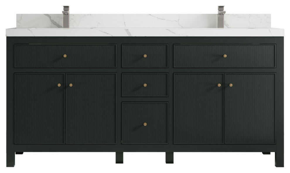 Sonoma 72 Double Sink Reeded Bath Vanity in Dark Forest Green 2" Calacatta Laza