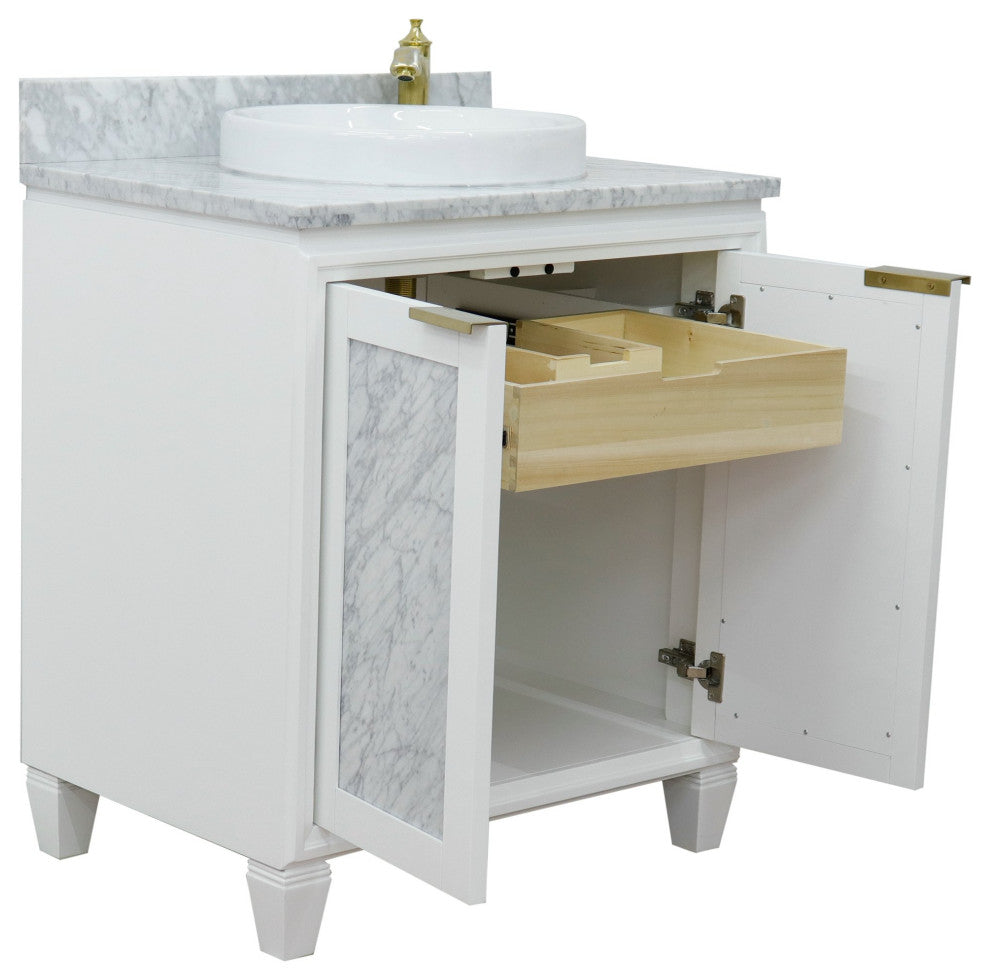 31" Single Sink Vanity, White Finish With White Carrara Marble With Round Sink