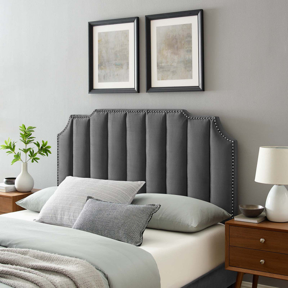 Headboard, Full Queen Size, Velvet, Dark Gray, Modern Contemporary, Bedroom