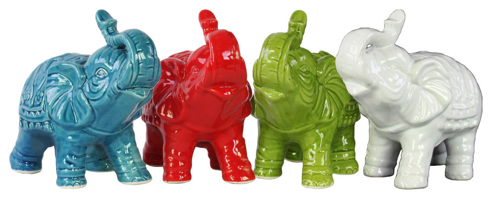 Ceramic Standing Trumpeting Elephant Figurines, 4-Piece Set