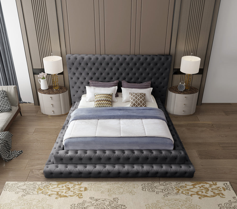 Revel Velvet Upholstered Bed, Gray, Queen