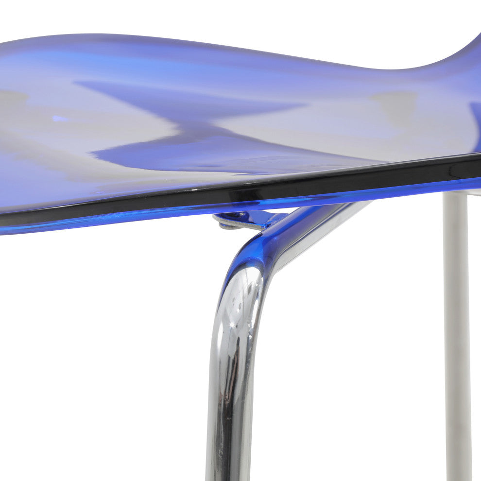 LeisureMod Oyster Acrylic Barstool With Steel Frame Set of 2, Transparent Blue
