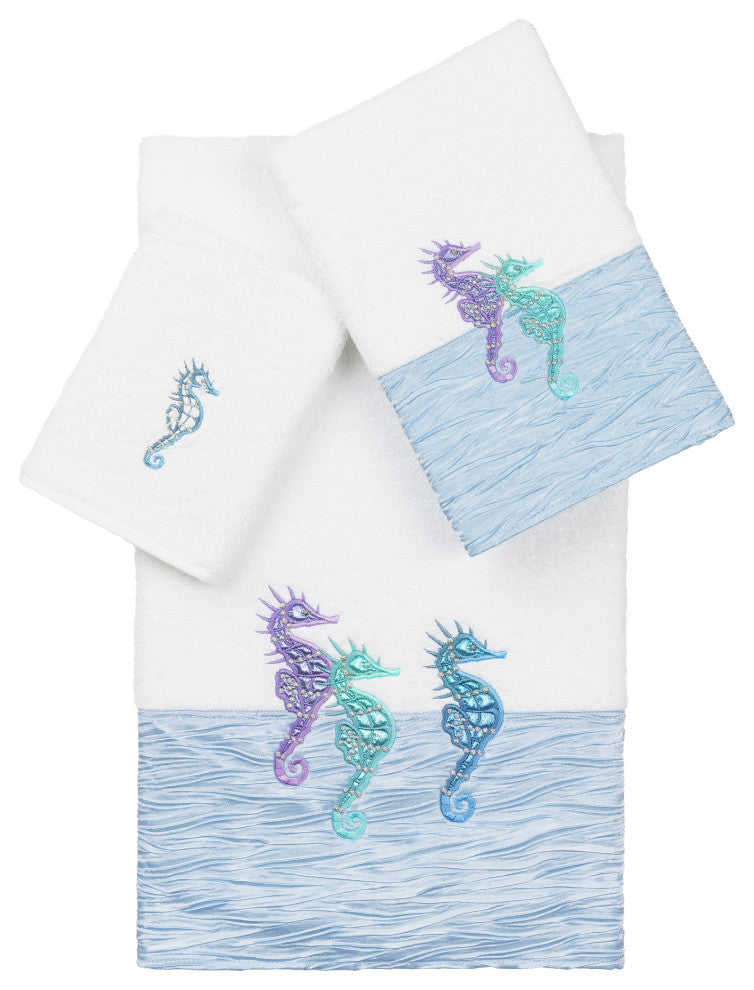 100% Turkish Cotton Sofia 3-Piece Embellished Towel Set, White / Blue