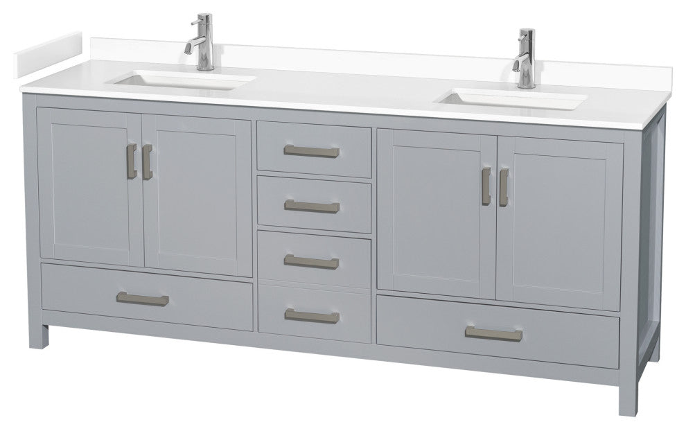 80" Double Bathroom Vanity, Gray, White Cultured Marble Countertop, Sinks