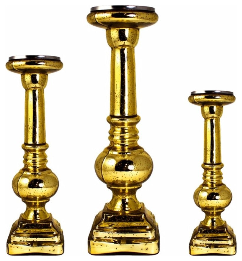 Vivacious 3 Piece Glass Candle Holder,  Gold