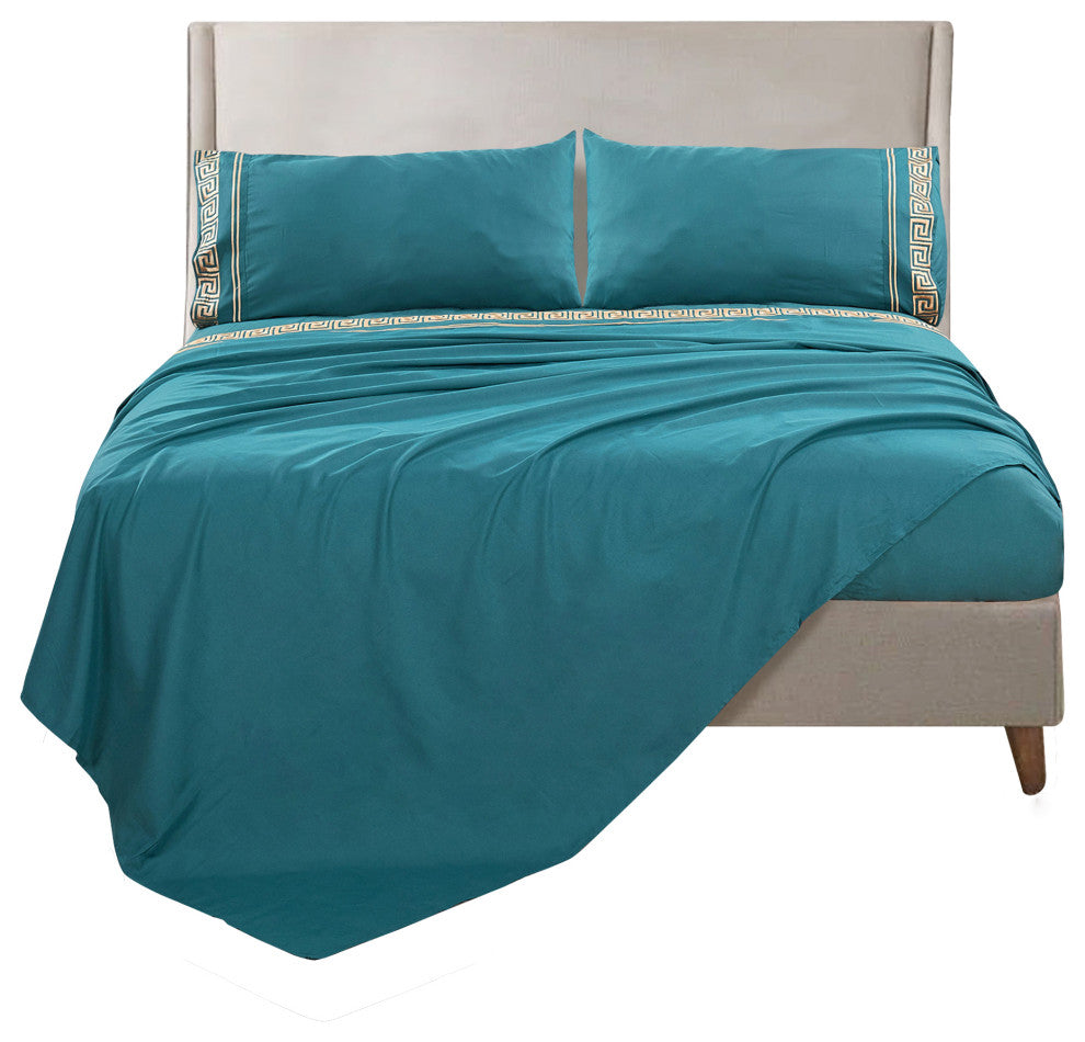 Serenta Greek Key Embroidered Microfiber 4 Piece Bed Sheet Set, Dark Teal, King