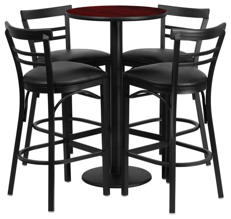 24" Round Mahogany Laminate Table Set With 4 Ladder Back Metal Barstools