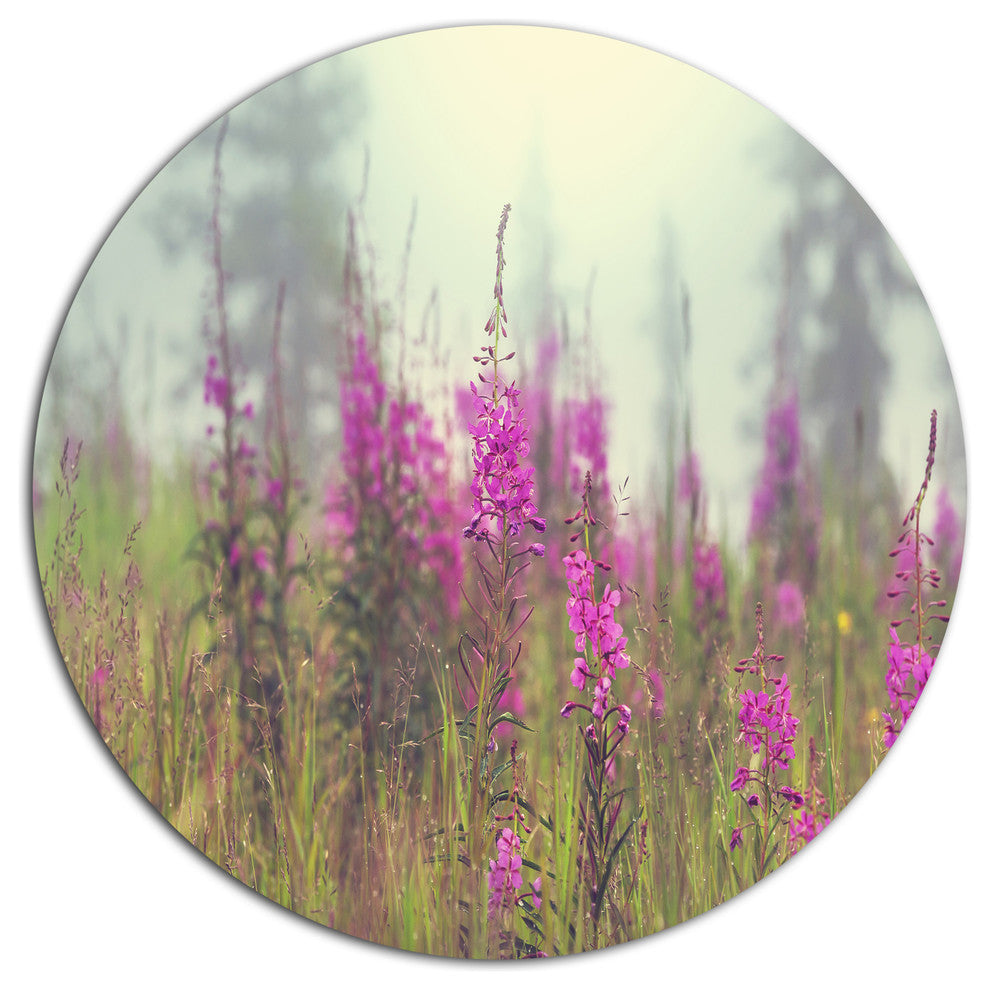 Purple Summer Flowers In Foggy Field, Floral Disc Metal Wall Art, 11"