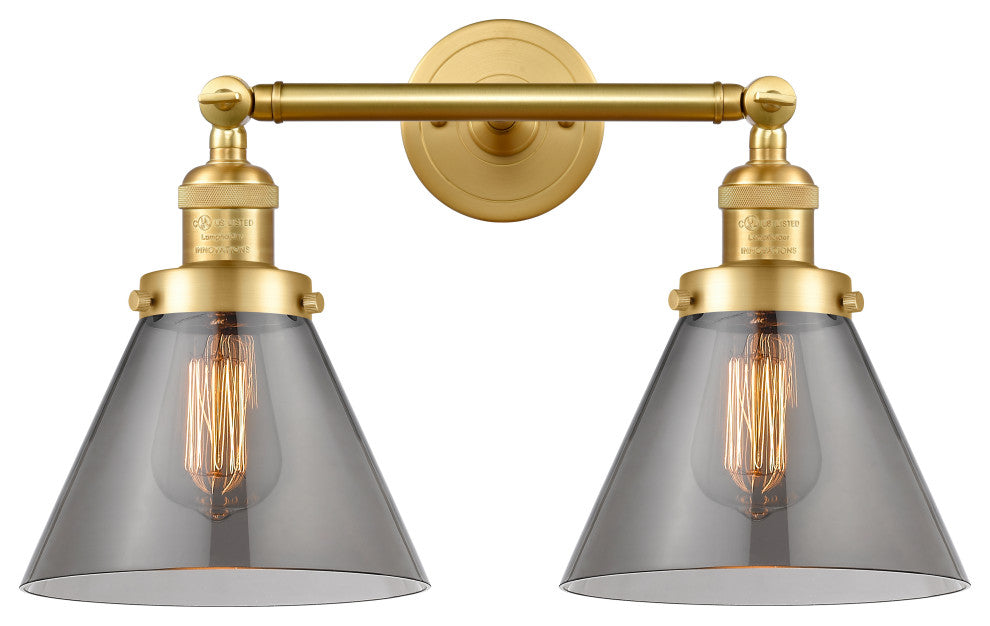 Large Cone 2 Light Bath Vanity Light, Satin Gold, Plated Smoke