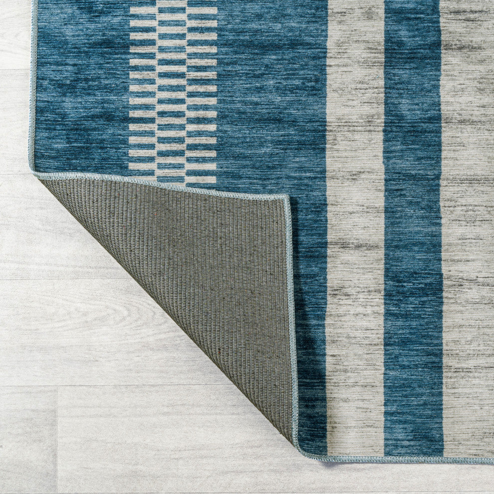 Vichy Geometric Striped Machine-Washable Blue/Cream 8 ft. x 10 ft. Area Rug