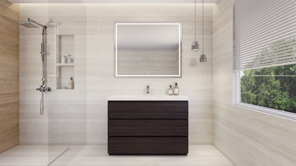 Alston 48" Free Standing Modern Vanity, Dark Gray Oak, Glossy White Top