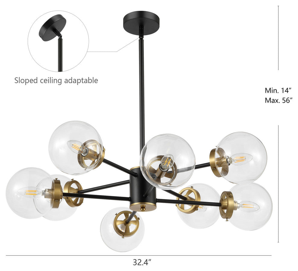 Modern 8-Light Sputnik Chandelier With Glass Globe Shades, Black, Clear Glass