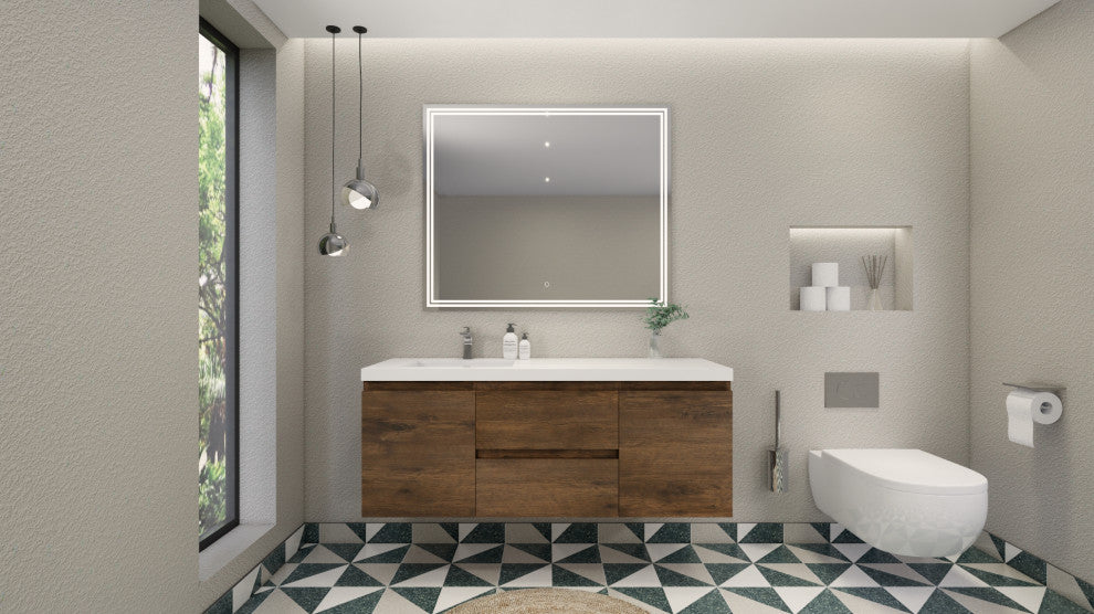 Belli 60" Left Single Sink Wall Mount Vanity, Rose Wood, Glossy White Top