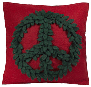Hand Felted Wool Pillow Green Peace Sign on Red 20