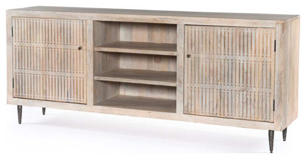 Sarah 2 Door Media Cabinet Mango Solid Wood Brushed Ivory Finish on Iron Base