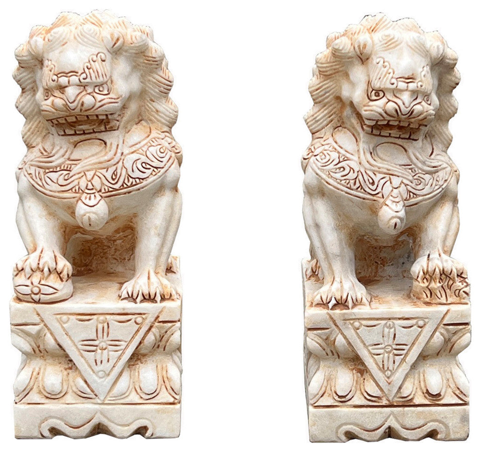 Chinese Small Pair Cream White Marble Stone Fengshui Foo Dogs Statues Hws3068