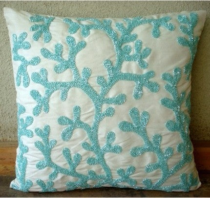 Sea Weeds Aqua Blue Throw Pillows Cover, Art Silk 16x16 Pillow Cover, Sea Weeds