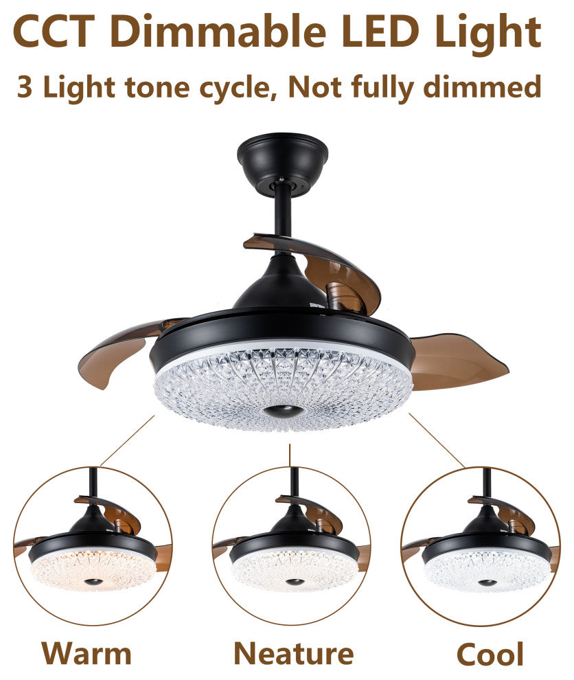 36" LED Retractable Ceiling Fan With Light Kit and Remote Control Included, Black