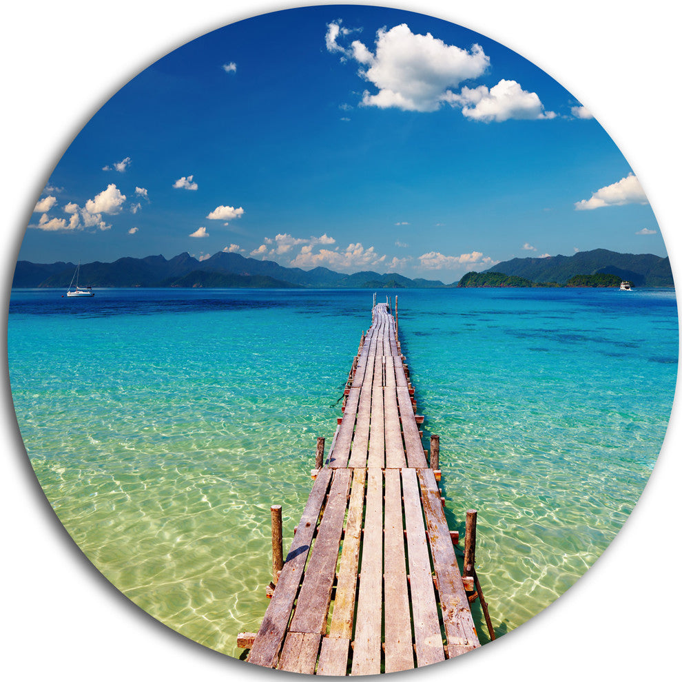 Wooden Pier In Tropical Paradise, Seascape Round Metal Wall Art, 23"