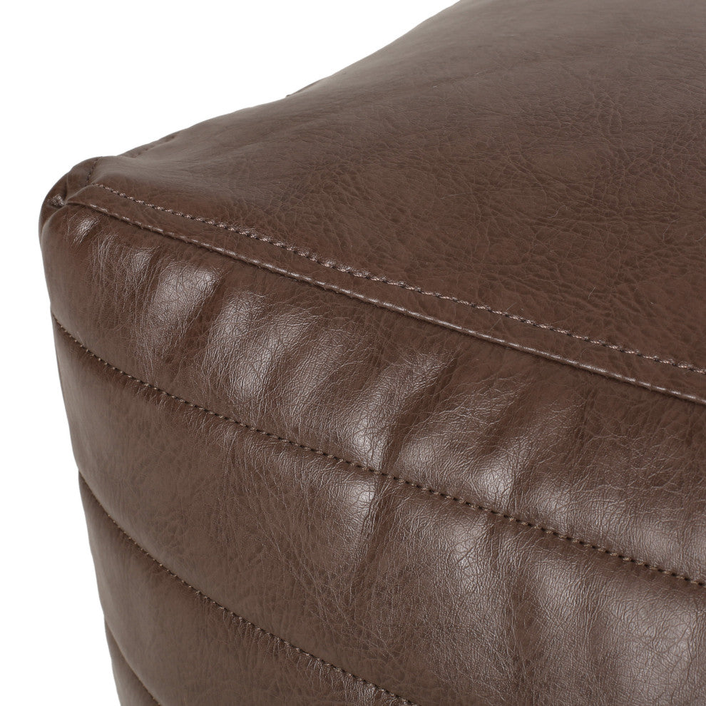 Conrail Contemporary Faux Leather Channel Stitch Pouf, Brown, Cube