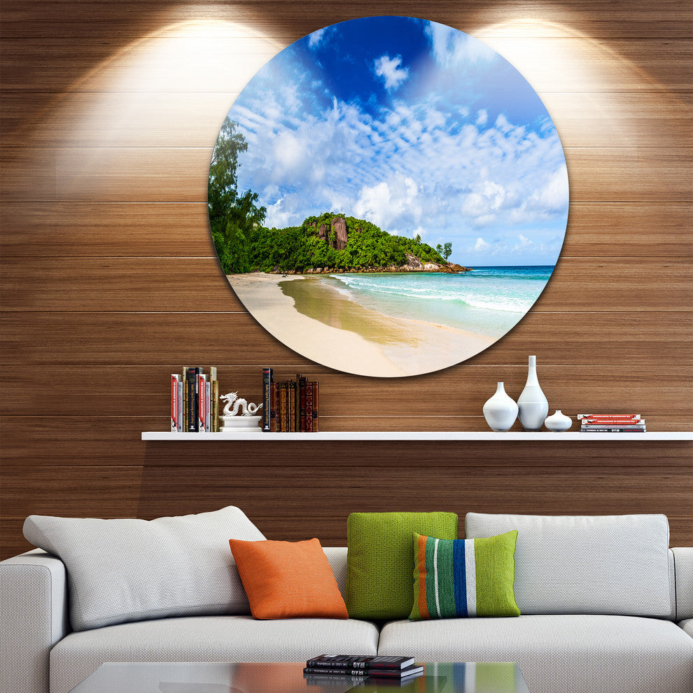 Seychelles Tranquil Tropical Beach, Seascape Disc Metal Artwork, 11"