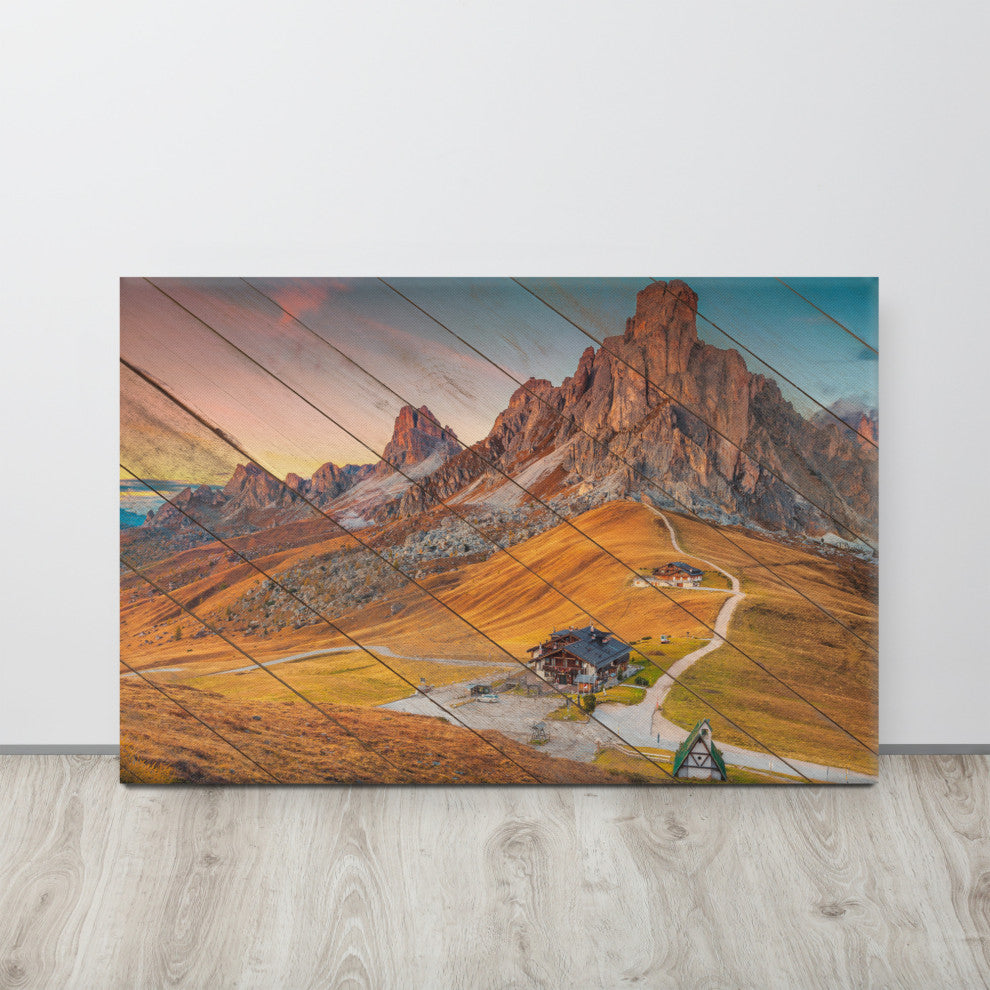 Faux Wood Majestic Sunset and Alpine Mountain Pass Canvas Prints, 24" X 36"