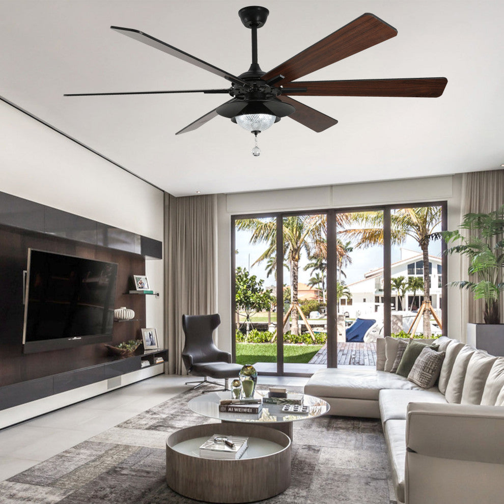72" Antique Lagre Ceiling Fan, Wood Blades and LED Lights Kit w Crystal Shade, Gold