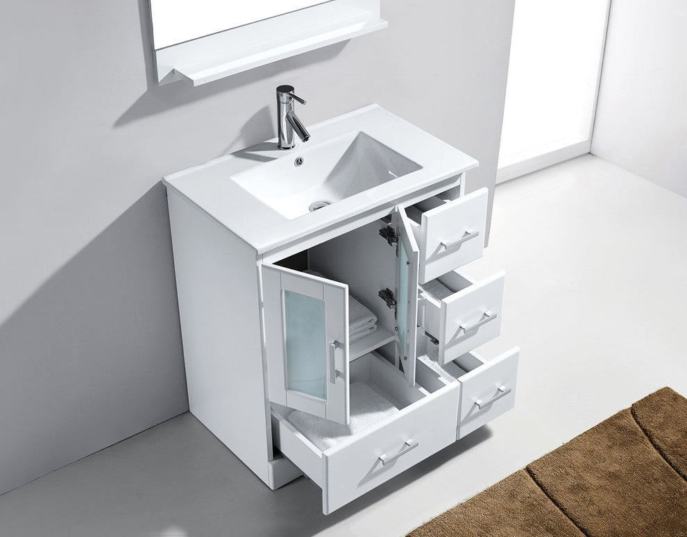 Virtu Zola Single Bathroom Vanity, White, Polished Chrome Faucet, Mirror, 31.89"