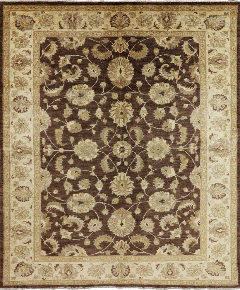 Handmade Peshawar Chobi Floral Brown Hand-Knotted Oriental Wool Rug, 8'x10'