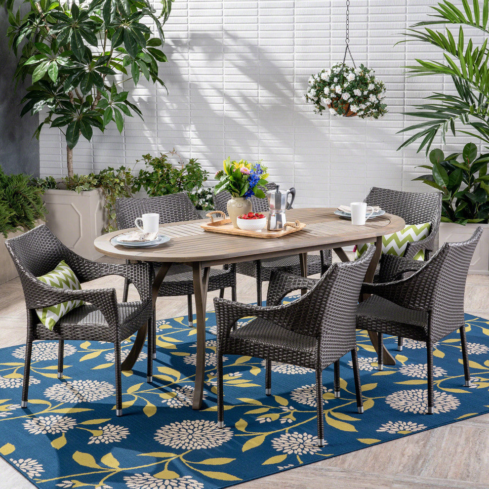GDF Studio 7-Piece Harris Outdoor Wood and Wicker Dining Set, Gray Finish/Gray