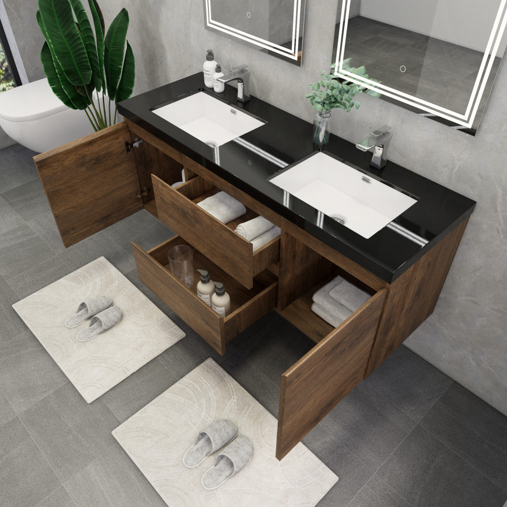 Belli 60" Double Sink Wall Mount Vanity Set, Rosewood, Matt Black Top