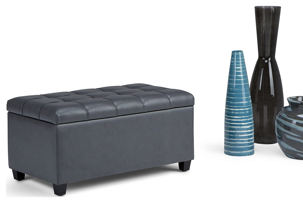 Rectangle Lift Top Storage Ottoman Bench in Stone Grey Tufted Faux Leather
